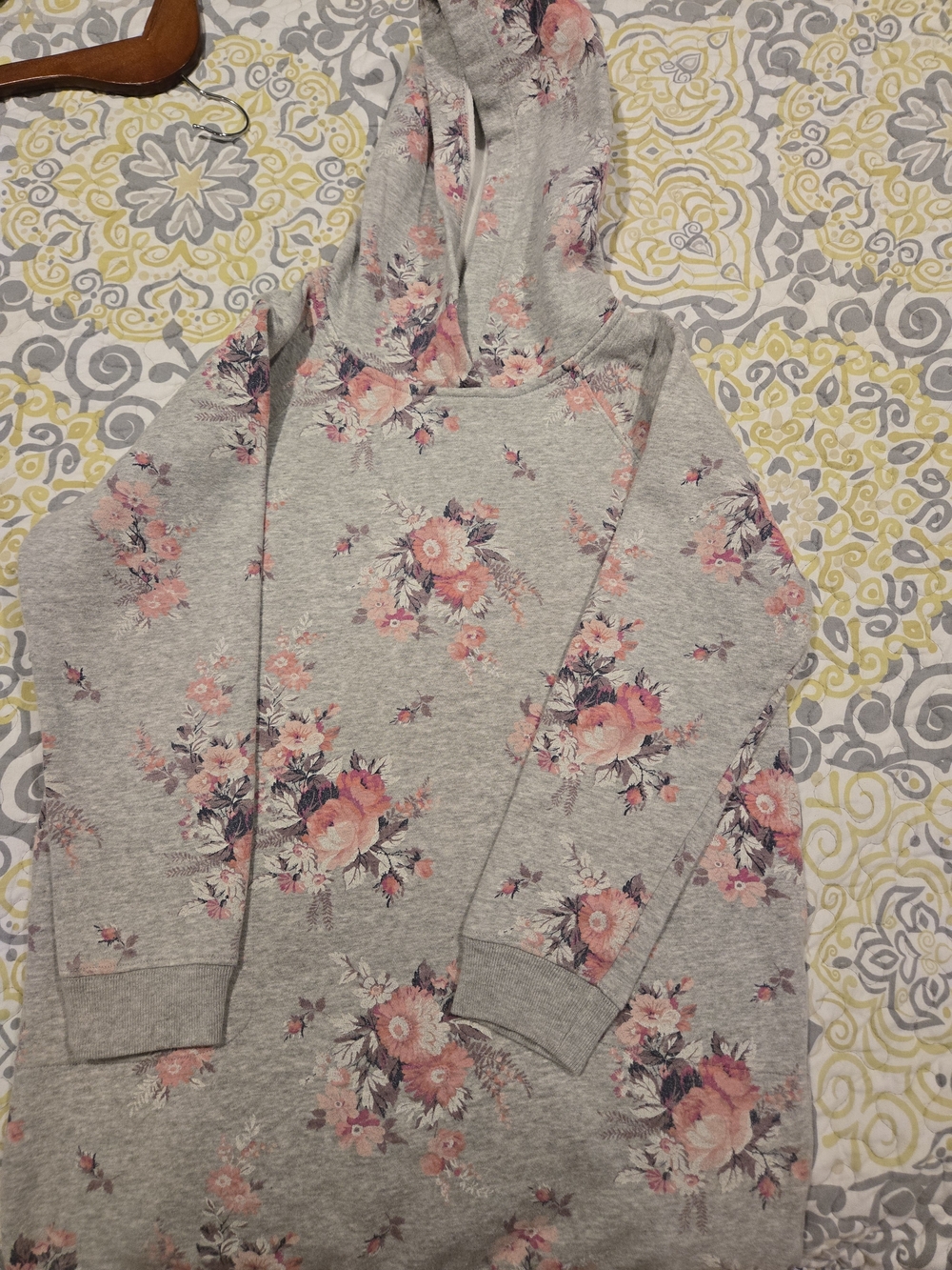Women’s Gray Floral Hoodie Long Sweatshirt - Pink Floral Print